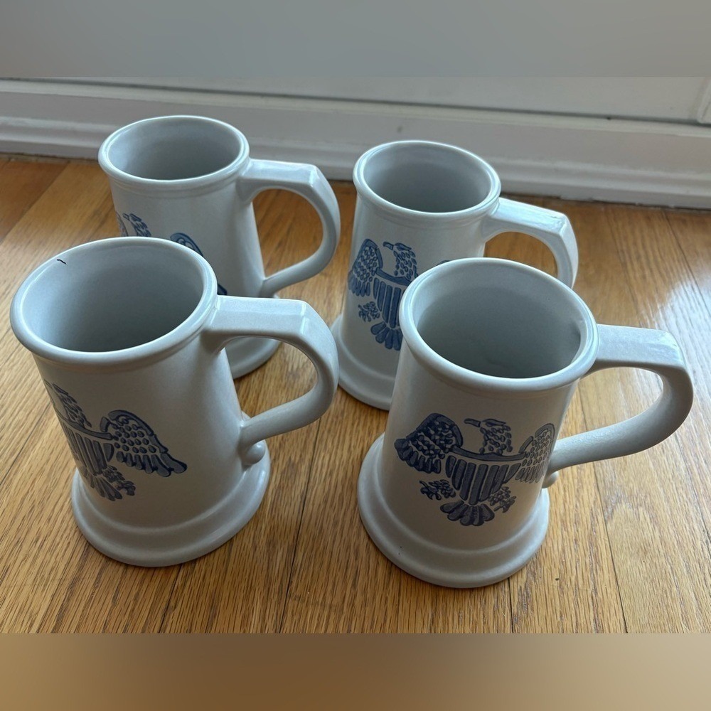 Vintage Americana Stoneware Tankard Mug Set of 4 Blue Eagle Colonial Patriotic B